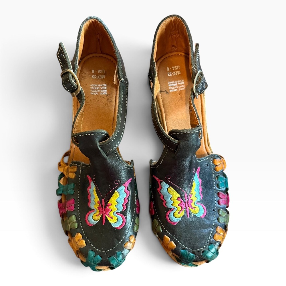 Huarache Wedge Sandals Womens 6 Black Butterfly Embroidered Boho